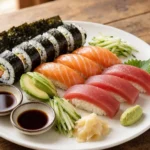Sushi – a Japanese specialty made of vinegared rice, topped with raw or cooked fish, seafood, vegetables, or nori seaweed.