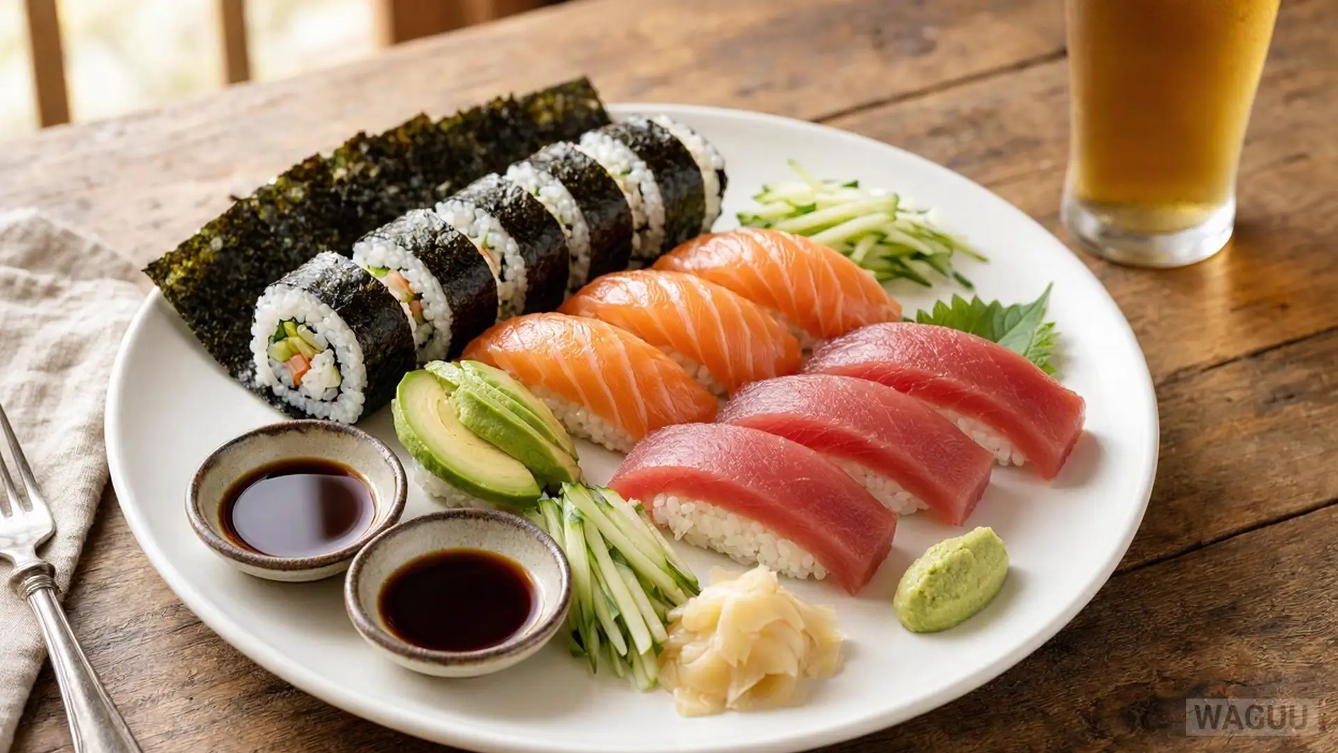 Sushi – a Japanese specialty made of vinegared rice, topped with raw or cooked fish, seafood, vegetables, or nori seaweed.