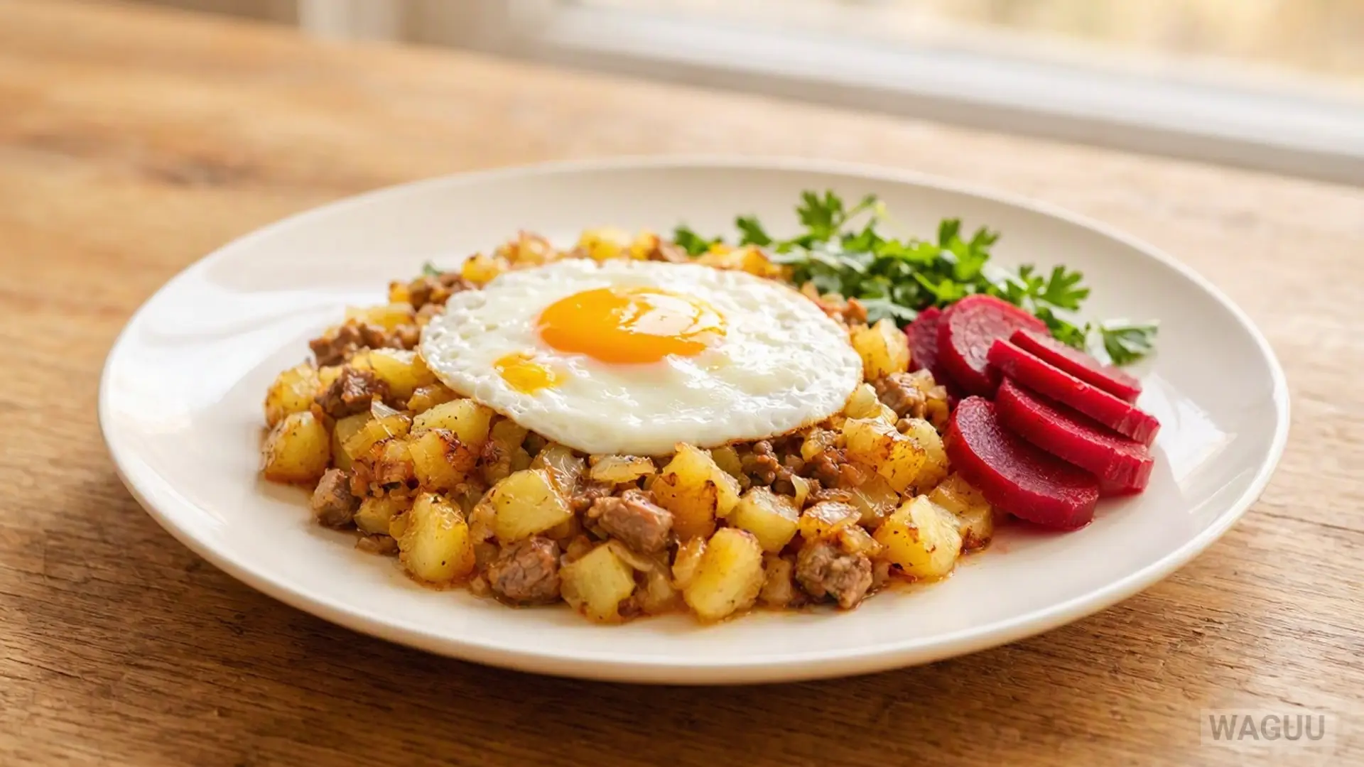 Swedish dish of diced potatoes, meat, and onions pan-fried, traditionally served with a fried egg and pickled beets.
