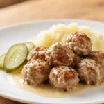 Köttbullar – Schwedische Hackbällchen aus Hackfleisch, serviert mit Sahnesauce, Kartoffelpüree, Essiggurken und Preiselbeermarmelade.