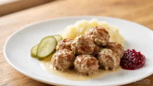 Köttbullar – Švédské masové kuličky z mletého masa, podávané s krémovou omáčkou, bramborovou kaší, nakládanými okurkami a brusinkovým džemem.