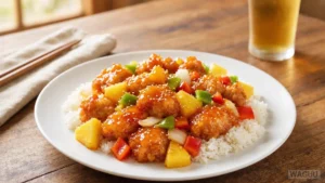 Sweet and Sour Pork (咕噜肉) – křupavé kousky vepřového masa ve sladkokyselé omáčce, často s ananasem, paprikou a cibulí.