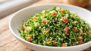 Tabbouleh – Fresh Levantine salad featuring parsley, mint, tomatoes, fine bulgur, lemon juice, and olive oil.