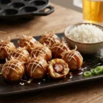 Takoyaki – kulaté smažené kuličky z těsta plněné chobotnicí, typické pro Ósaku