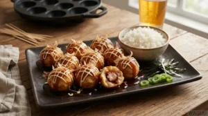 Takoyaki – kulaté smažené kuličky z těsta plněné chobotnicí, typické pro Ósaku