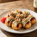 Takoyaki – small round batter balls filled with pieces of octopus, prepared in a special pan and served with sauce, mayonnaise, and dried fish flakes.