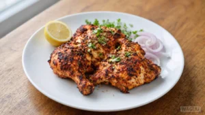 Tandoori Chicken – kuřecí maso marinované v jogurtu, zázvoru, česneku a výrazném koření, pečené při vysoké teplotě v tradiční peci tandoor.