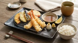 Tempura – lehce obalené a smažené mořské plody nebo zelenina v tenkém křupavém těstíčku