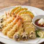 Tempura – shrimp and vegetables coated in a light batter and deep-fried until golden, remaining crispy on the outside and juicy on the inside.
