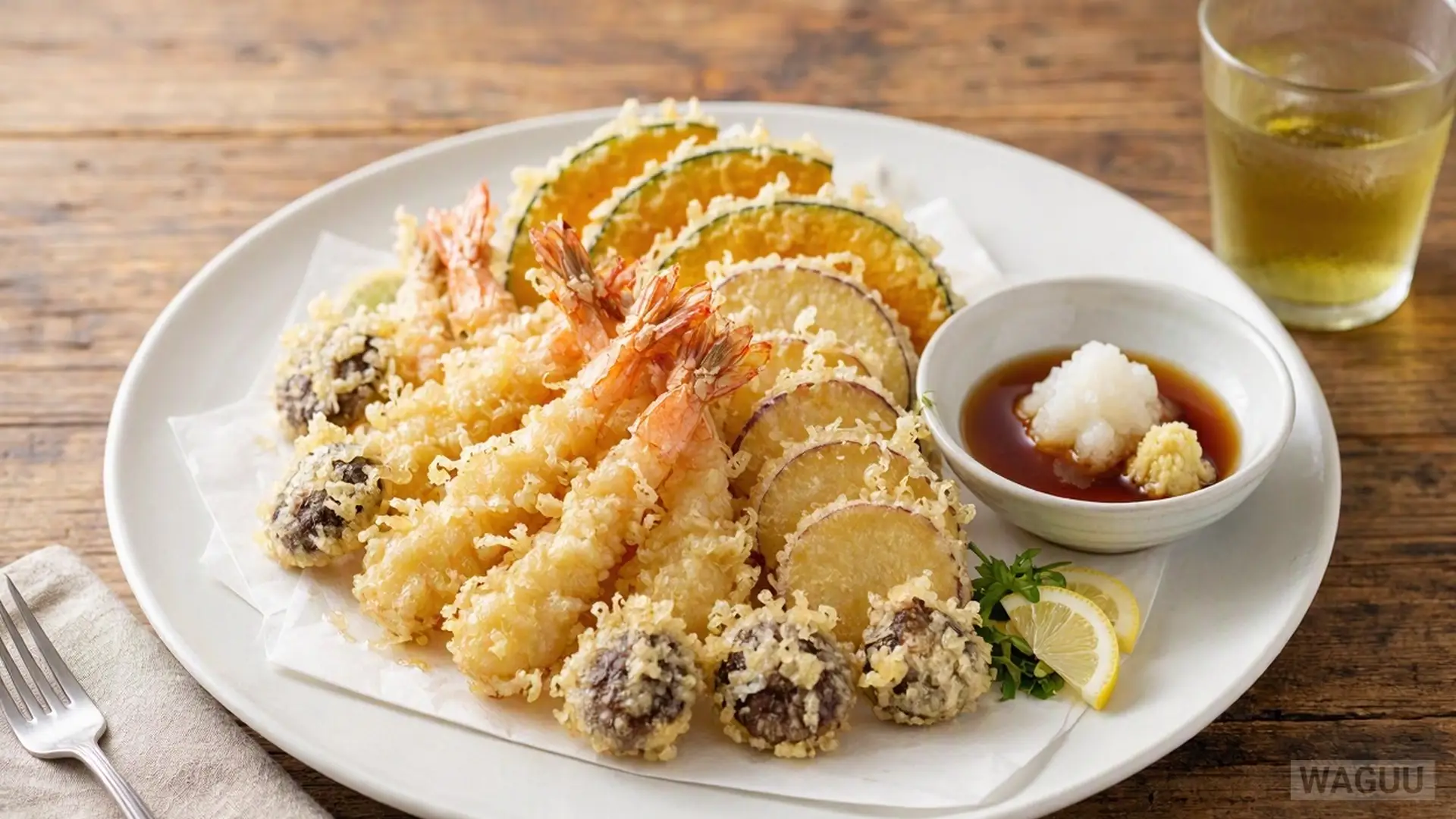 Tempura – shrimp and vegetables coated in a light batter and deep-fried until golden, remaining crispy on the outside and juicy on the inside.