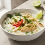 Tom Kha Gai – kokosová polévka s kuřecím masem, galangalem, citronovou trávou a limetovými listy