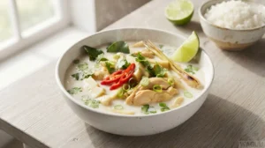 Tom Kha Gai – kokosová polévka s kuřecím masem, galangalem, citronovou trávou a limetovými listy