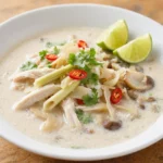 Tom Kha Gai – aromatická kokosová polévka s kuřecím masem, galangalem, citronovou trávou, houbami a limetkovou šťávou, která spojuje krémovost s příjemně kyselou chutí.