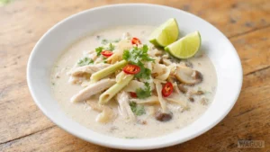 Tom Kha Gai – aromatická kokosová polévka s kuřecím masem, galangalem, citronovou trávou, houbami a limetkovou šťávou, která spojuje krémovost s příjemně kyselou chutí.