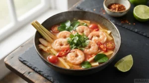 Tom Yum Goong – pikantní a kyselá polévka s krevetami, citronovou trávou, galangalem a chilli