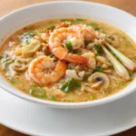 Tom Yum Goong – pikantní a kyselá krevetová polévka s citronovou trávou, galangalem, listy kafrové limety, chilli a limetkovou šťávou.