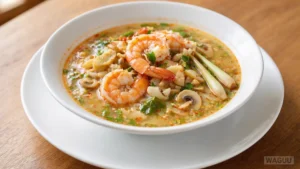 Tom Yum Goong – pikantní a kyselá krevetová polévka s citronovou trávou, galangalem, listy kafrové limety, chilli a limetkovou šťávou.