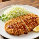 Tonkatsu – a pork cutlet coated in panko breadcrumbs and deep-fried until crispy, served with thick tonkatsu sauce, cabbage, and rice.