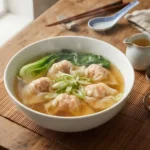 Wonton Soup – čirý vývar s plněnými wonton knedlíčky, zeleninou a jarní cibulkou