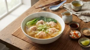 Wonton Soup – čirý vývar s plněnými wonton knedlíčky, zeleninou a jarní cibulkou