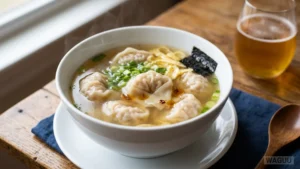 Wonton Soup (馄饨汤) – jemná polévka s tenkými těstovinovými taštičkami plněnými masem nebo krevetami, podávaná v lehkém vývaru s jarní cibulkou.