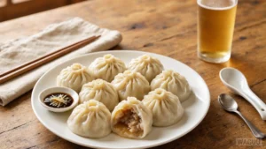 Xiaolongbao (小笼包) – malé napařované knedlíčky plněné masem a horkým vývarem, které se tradičně podávají s černým rýžovým octem a zázvorem.