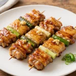 Yakitori – chicken pieces skewered and grilled over heat, seasoned with salt or a sweet and savory tare sauce.